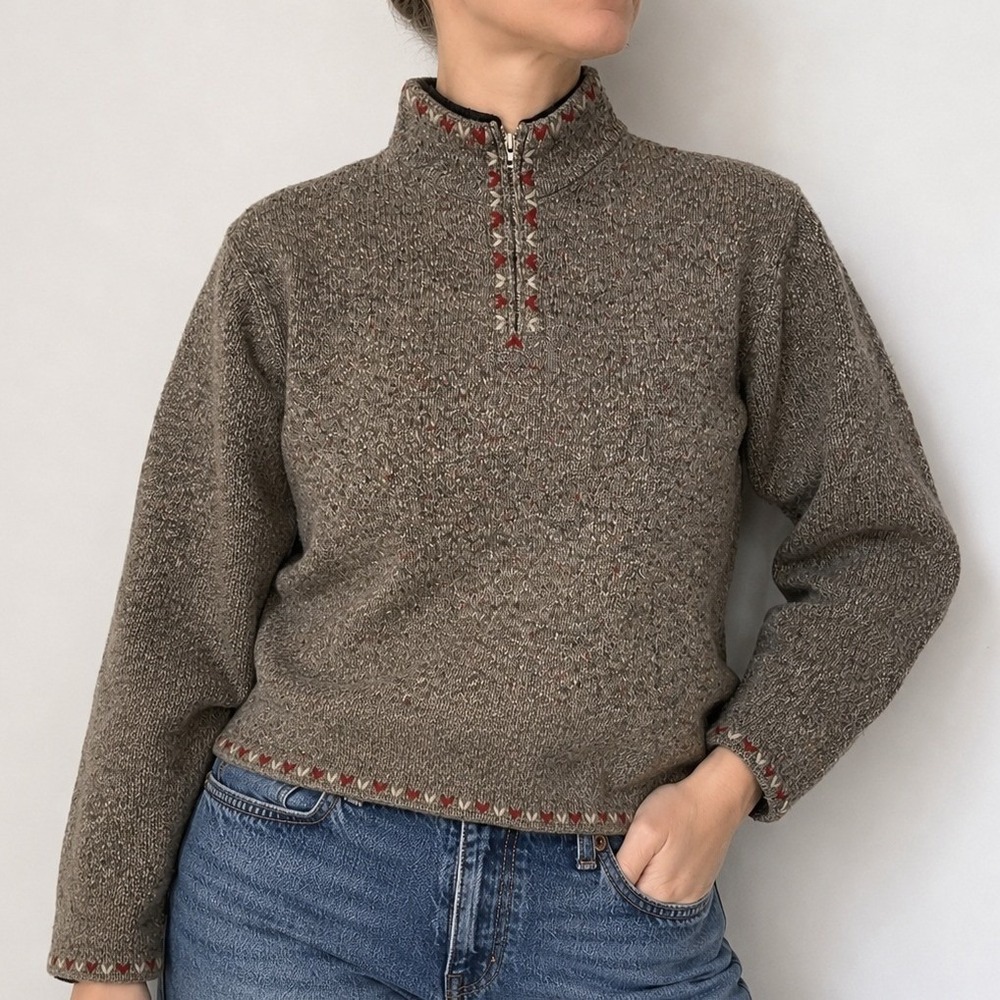 Woolrich Quarter Zip Knit Sweater M Wool Blend Charcoal Heather Cabincore Rustic